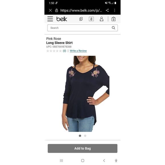 Small Pink Rose Navy Blue Embroidered Flower Cold Shoulder Long Sleeve Top Shirt - Picture 1 of 4